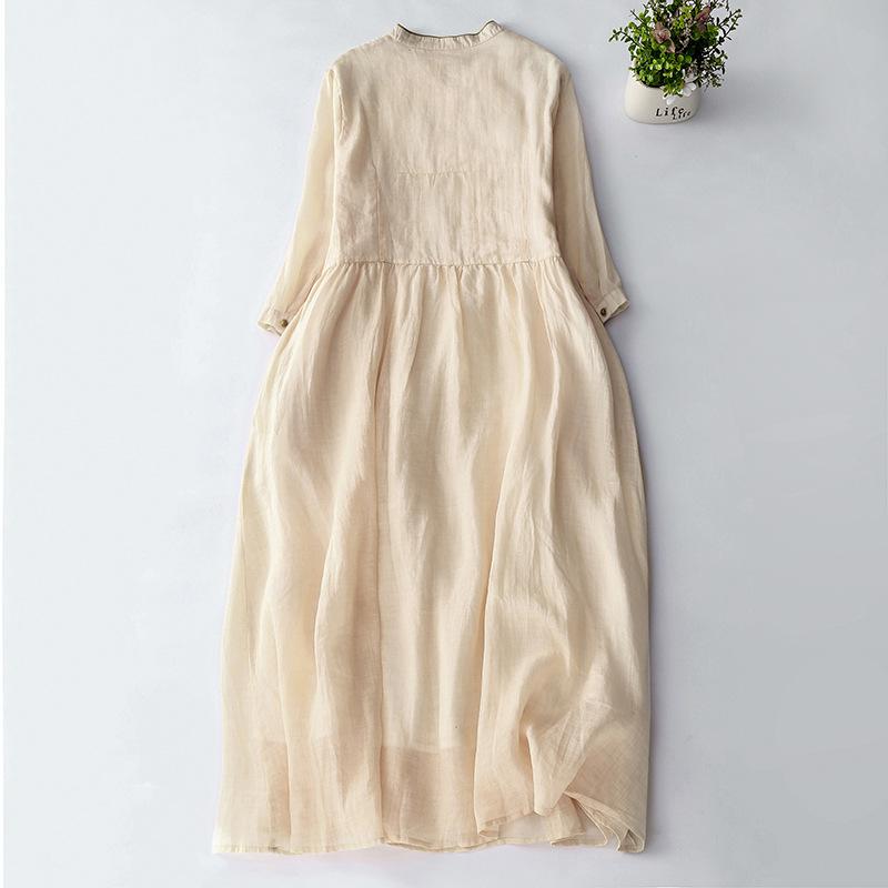 2025 summer new women's clothing wind stand-up collar diagonal placket embroidered ramie dress retro seven-quarter sleeve long dress