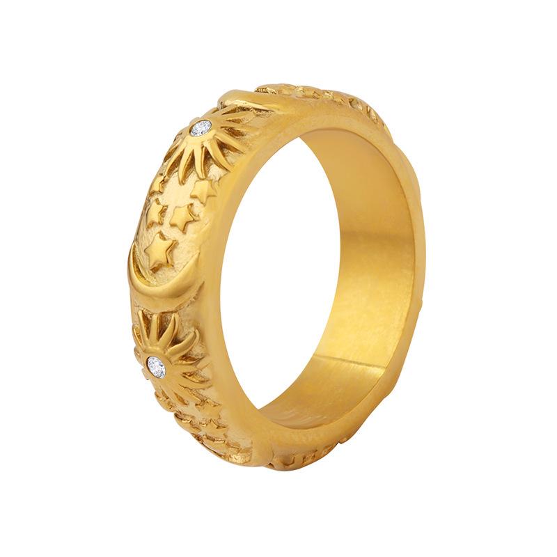 Retro Sun & Moon Zircon Ring: 18K Gold-Plated Titanium Steel for Men & Women