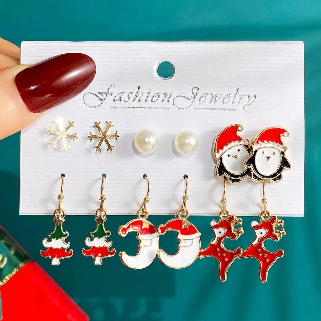 6 Pairs Christmas Earrings Set Selling Cartoon Dripping Oil Elk Santa Claus Christmas Tree Earrings for Women
