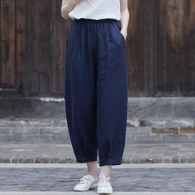 Women Cotton Linen Solid Color Straight Pants Elastic Waist Pockets Autumn Casual Pants Soft Fall Trouser
