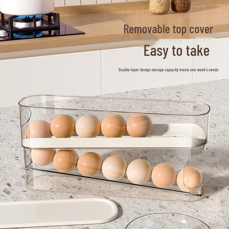 Refrigerator Egg Storage Box with Rolling Rack and Lid, Transparent Food-Grade Design