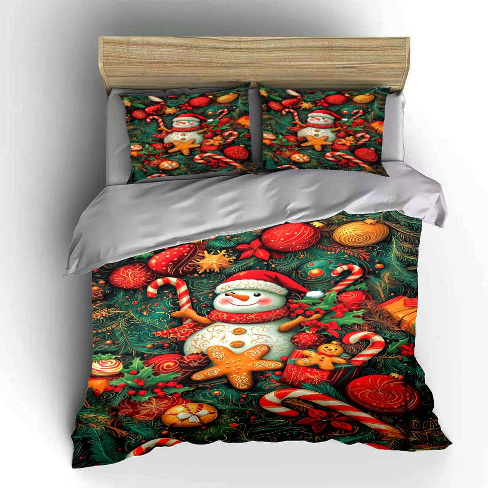 Christmas Snowman and Candy Decor Bedding Duvet Cover Set Duvet Cover Pillowcases (1*Duvet Cover 2*Pillowcases, Without Duvet Insert)