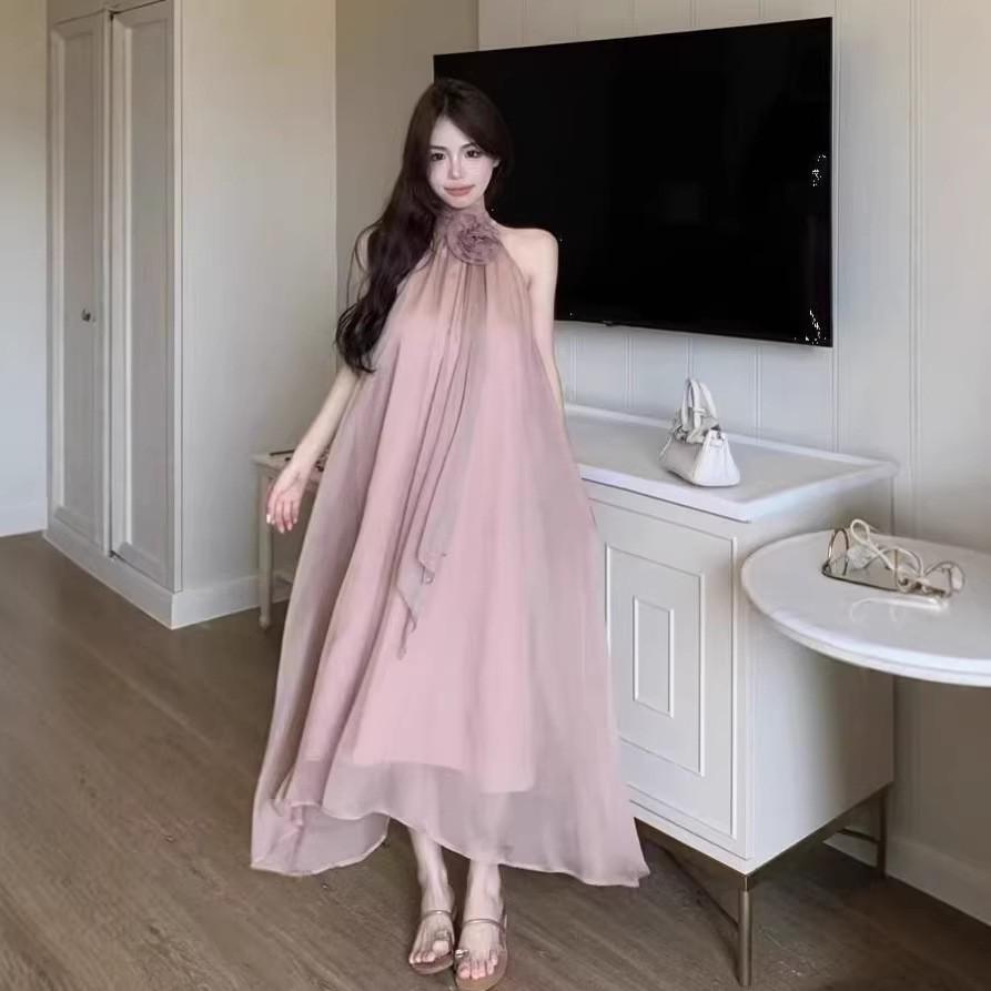 Loose Floral Halter Neck Off-Shoulder French Style Summer Dress Small