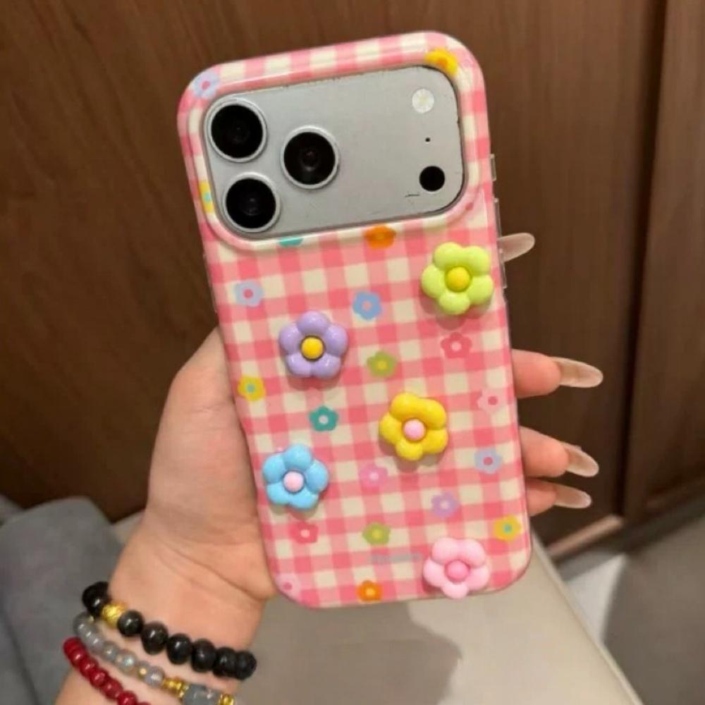 Cute Pink Plaid 3D Colorful Flowers iPhone 17 Pro Max Case Creative Girl Style Phone Cover