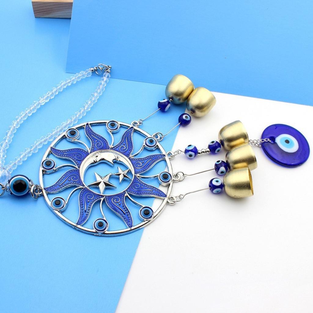 Decorazione Luna e Stella con Occhio Malocchio e Campanello Pendenti Sole Fortunato, - Segno di Protezione, Benedizione e Forza - Decorazioni per Auto per Specchietto Retrovisore