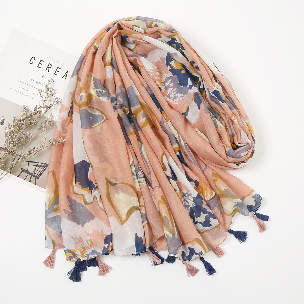 Stort Boho skjerf for kvinner Lett blomstertrykkskjerf Høst Vinter Mote Frynsede sjalomslag, 60 farger