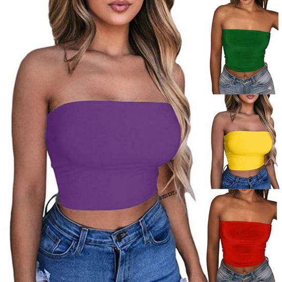 Women Sexy Solid Color Strapless Cropped Mini Bustier Slim Elastic Tube Top