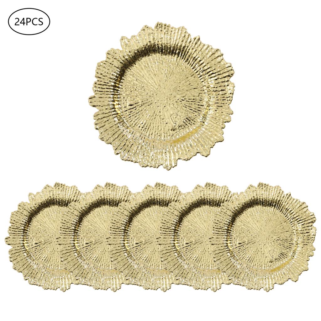 24Pcs13Inch Antique Charger Plates Bulk Round Plastic Dinner Plate Embossed Rim Server Plate Decorative for Dinner Parties