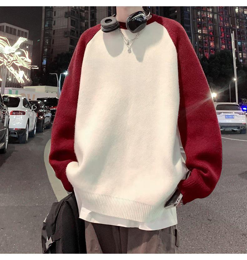 Men's High-End Color Block Heavyweight Cotton Hoodie - Autumn/Winter Style, Casual Loose Fit, Long Sleeve, Velvet Accents.