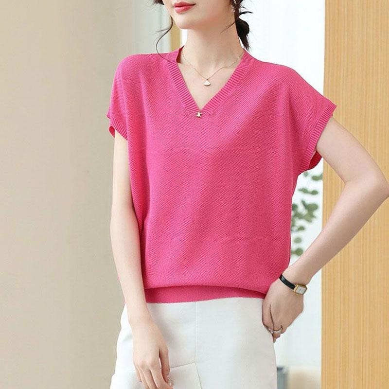 Casual Loose Knitted T-shirt Summer Thin Batwing Sleeve Women's Clothing All-match Solid Color Stylish Commute V-Neck Pullovers