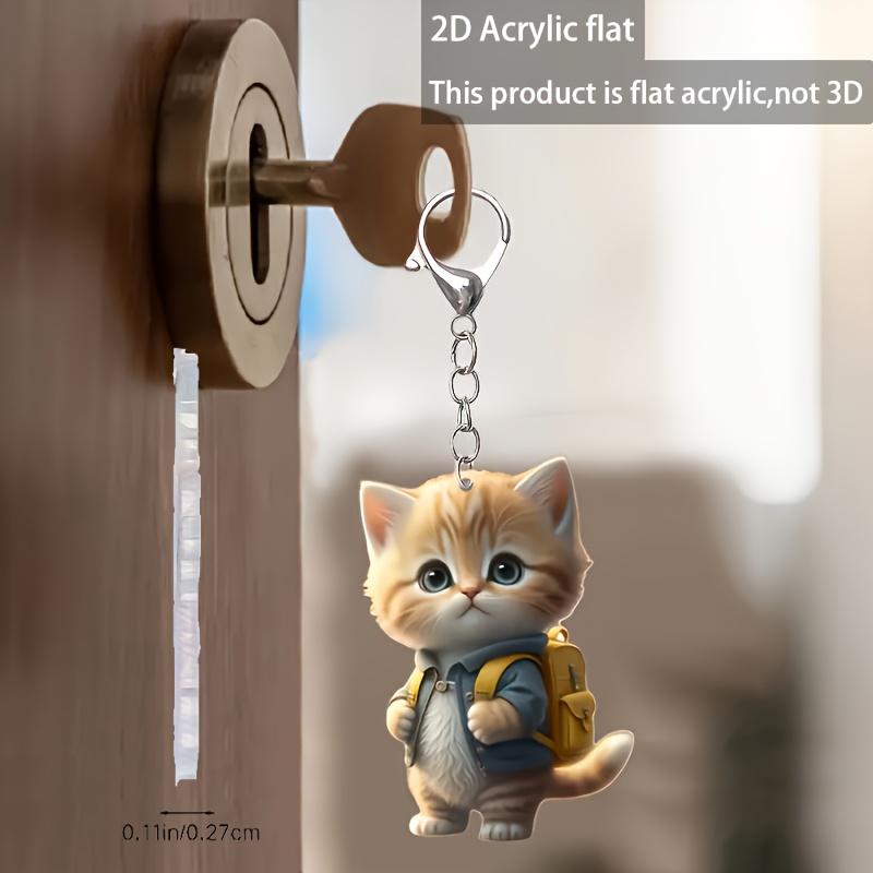 2D Flat Akryl Tegneserie Katt Nøkkelring - Søt Blå Jakke & Gul Ryggsekk Design, Ringspenne - Ideell Påskegave for Katteelskere
