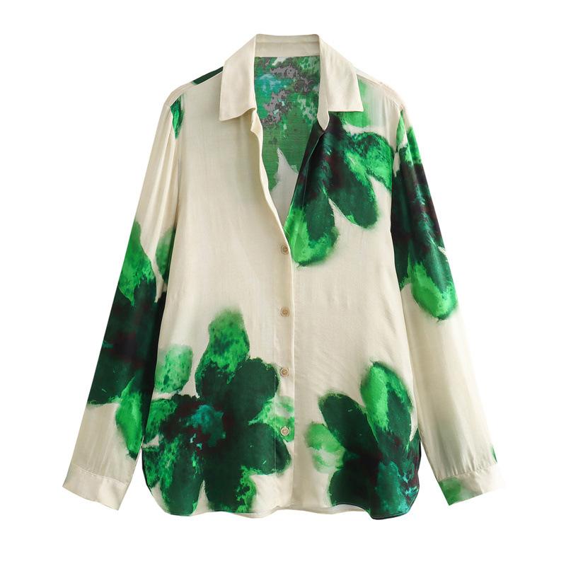Women's Print Pants Sets Green Blue Floral Stain Long Sleeve Shirt+Elastic Waist Lace-Up Pants Woman Sets Beach Style