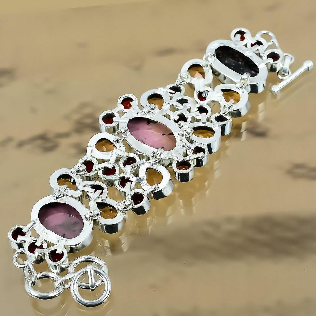 Wedding Gift For Her 925 Silver Natural Rhodonite Chain Adjustable Bracelet