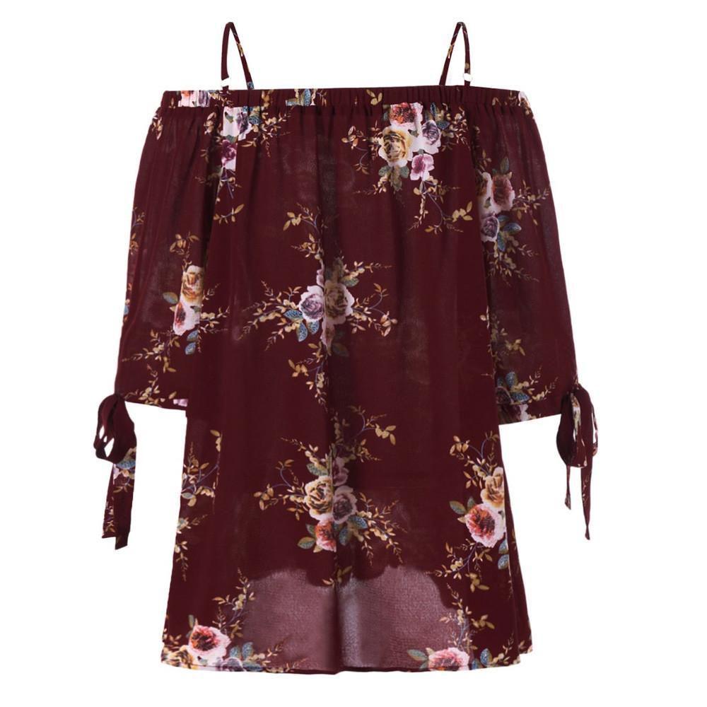 Fashion Womens Plus Size Floral Print Cold Blouse Camis Casual Shoulder Tops For Summer