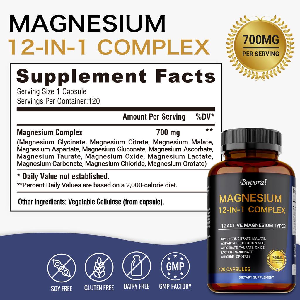 Magnesium 12-in-1 Complex Capsules, 700 Mg Per Serving, Containing a Mixture of Magnesium Glycine, Magnesium Citrate, and Magnesium Malate.