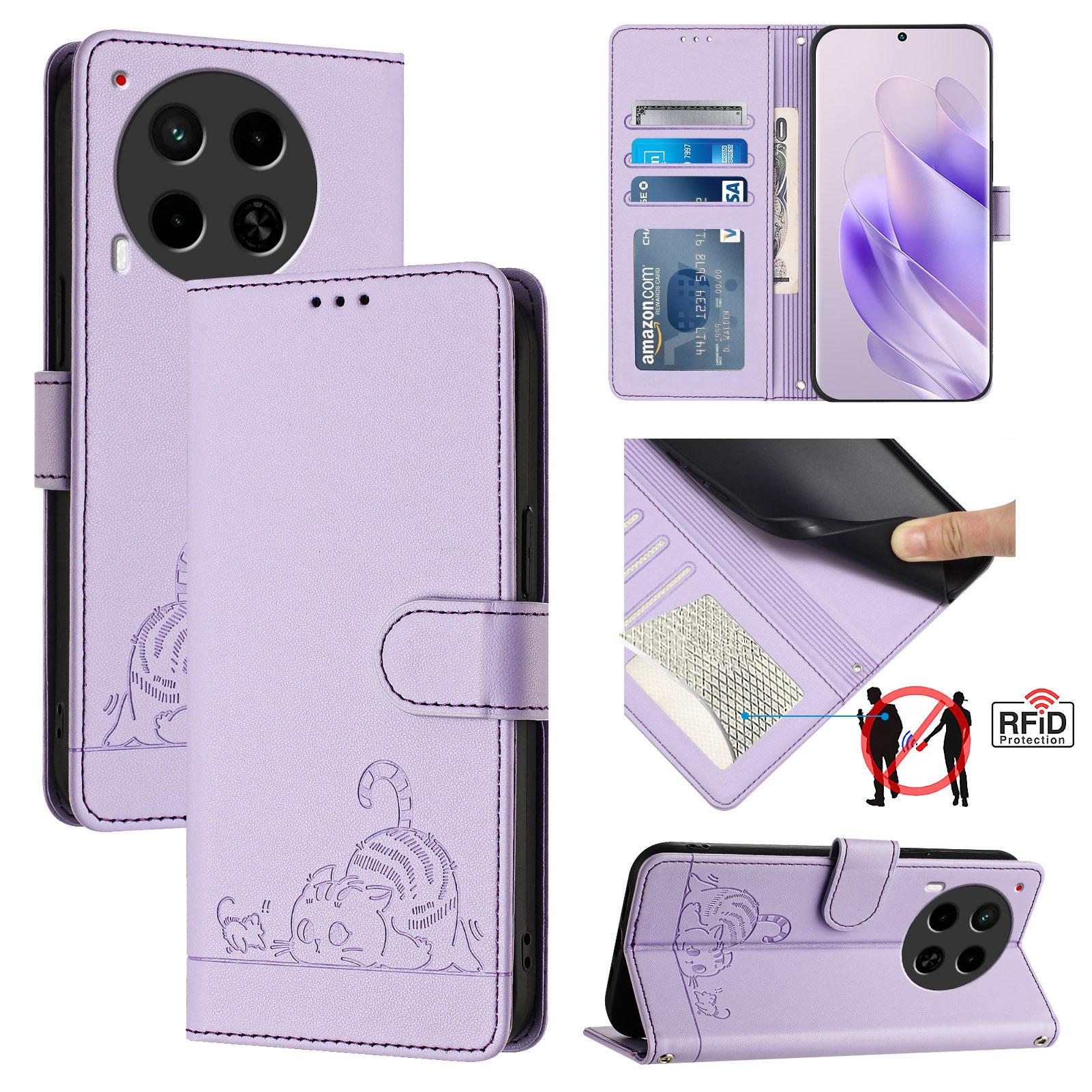 

For TECNO Camon 30 4G/Camon 30 5G Case with Strap RFID Blocking Leather Wallet Phone Cover Cat Mouse Pattern Purple