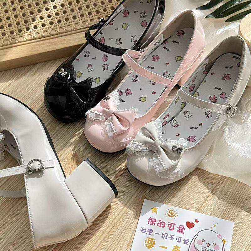 Girs Lovely Lolita JK Shoes 2025 New Women High Heels Pumps Sweet Lace Bow Round Head Thick Heel Mary Jane Single Shoes