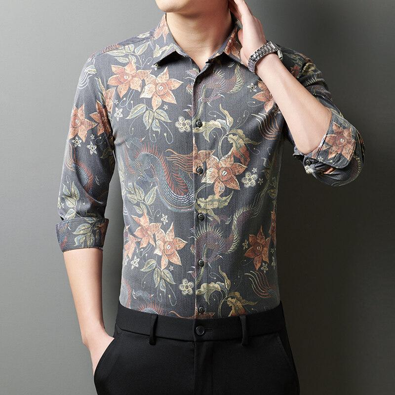 Spring Autumn Casual Shirts Men Fashion Turn-Down Collar Long Sleeve Printing Blouse Men's Casual Slim All-Match Button Trend Shirt