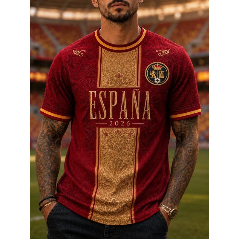 Bandiera Squadra Nazionale Spagnola 2026, Maglia da Calcio per Tifosi, Leone Retro 3D Asciugatura Rapida Sportivo Casual Top da Uomo Maglietta