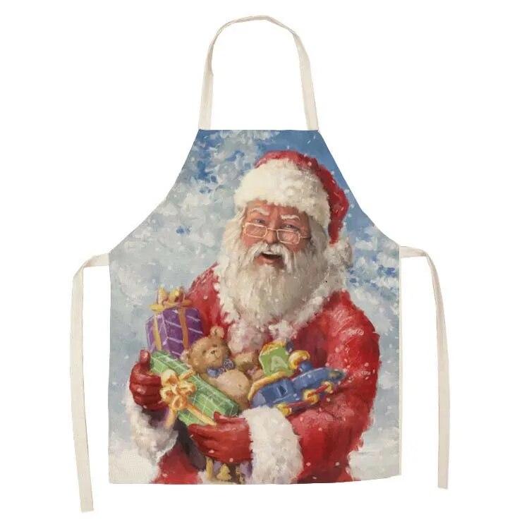 Kuchyňská zástěra na vaření Santa potisk Domácí bez rukávů Bavlněná lněná zástěra Pánská Dámská Zástěra na pečení