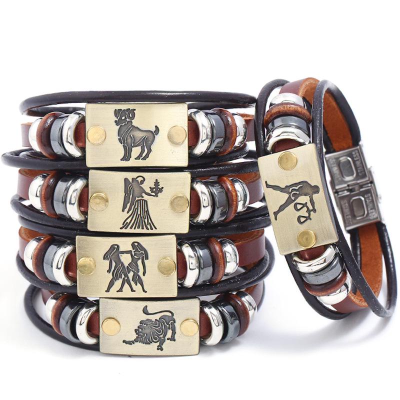 Twelve Constellations Cowhide Bracelet with Stainless Steel Buckle - Genuine Leather