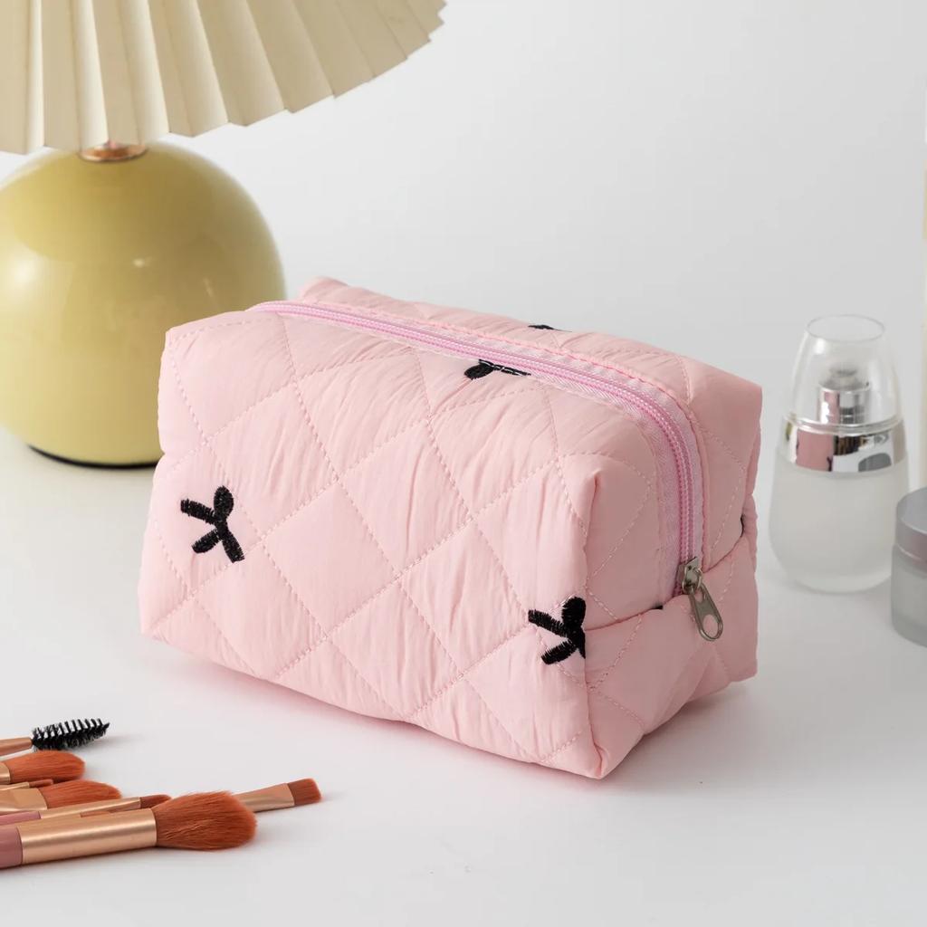 Pretty Bow Design Floral Makeup Bag Large Capacity Portable Cosmetic Storage Bag Cotton Makeup Wash Bag Cosmetic Organizer Pouch