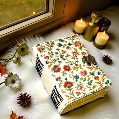 Handmade Floral Leather Journal 5x7 – White Vintage Diary with 200 Deckle Edge Pages – Colorful Flower Notebook – Artisan Writing Gift