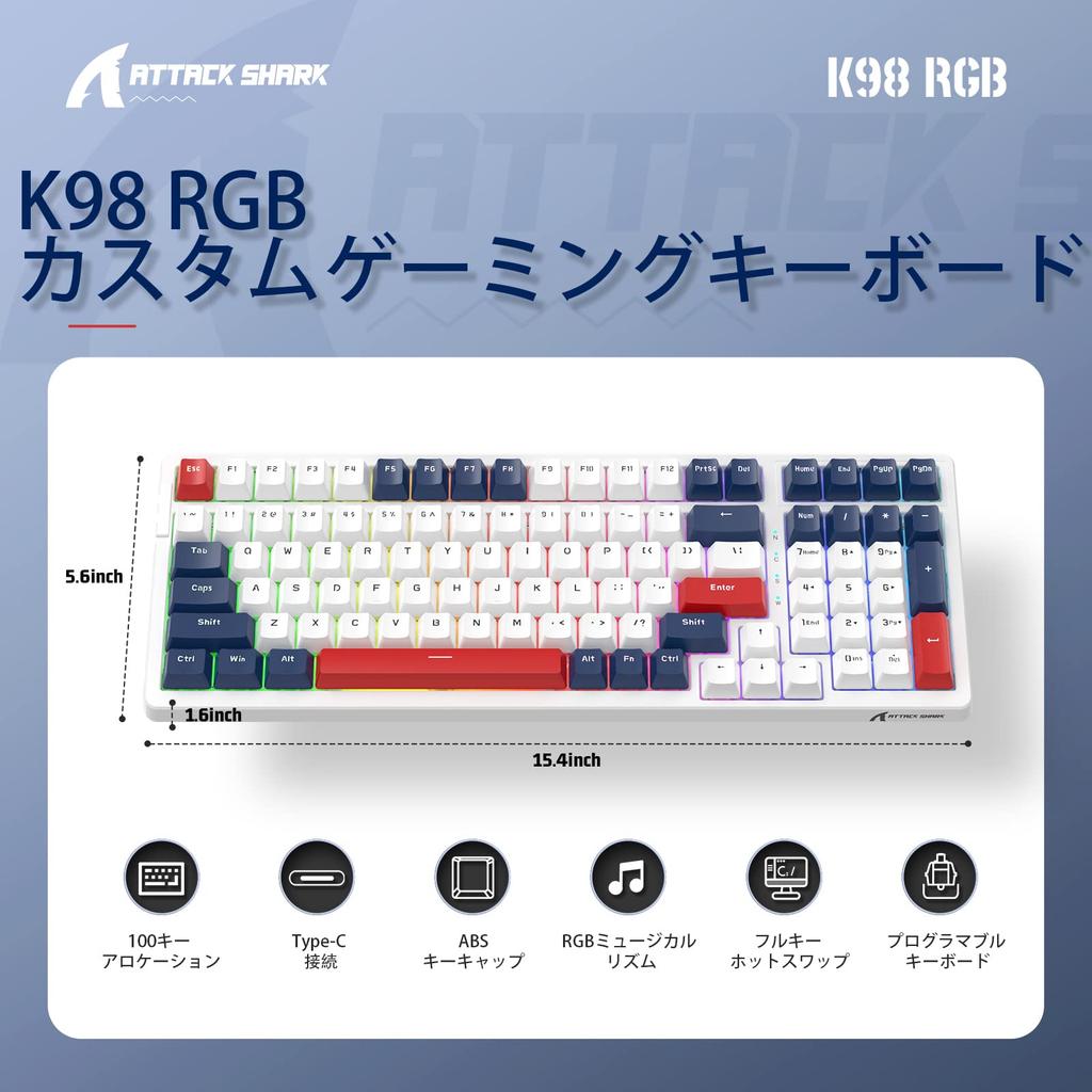 A.JAZZ x ATTACK SHARK K98 Gaming Keyboard Wired Custom Mechanical 100 Keys Red Axis Anti-Ghost Key Hot Plug PBT Keycap RGB Backlight Linear Tactile