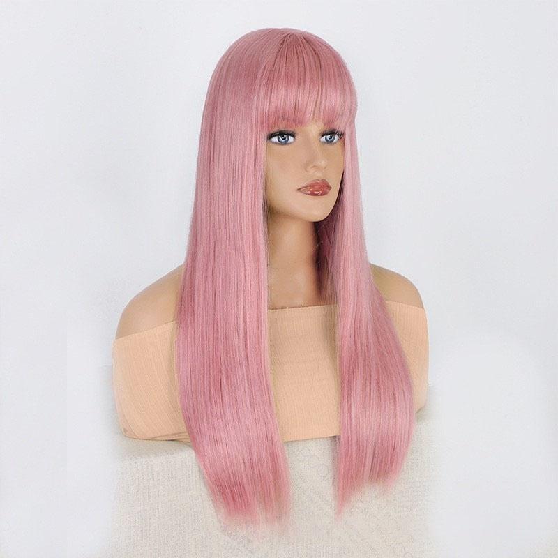 

Длинные розовые парики для женщин, синтетические волосы, шелковистый прямой парик с челкой, длинные парики для косплея, вечеринки, дрэг-квин, на каждый день, костюмный парик розовый