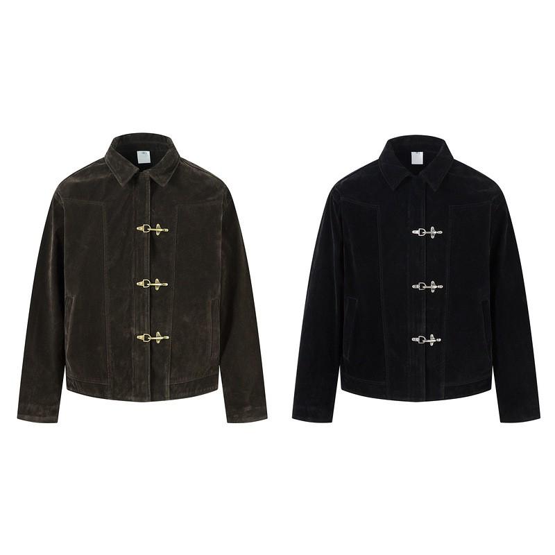 Unisex Vintage Suede-Style Cropped Jacket With Patchwork Detail Loose Fit Outerwear