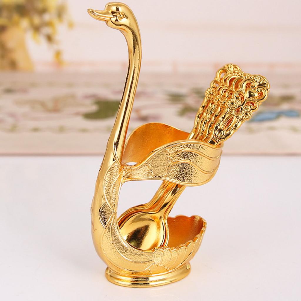 Coffee Spoon Holder Elegant Swan Shaped Alloy Mirror Polish Rich Details Coffee Stirrers Holder for Party Cafe Office Gold Holder with Spoon