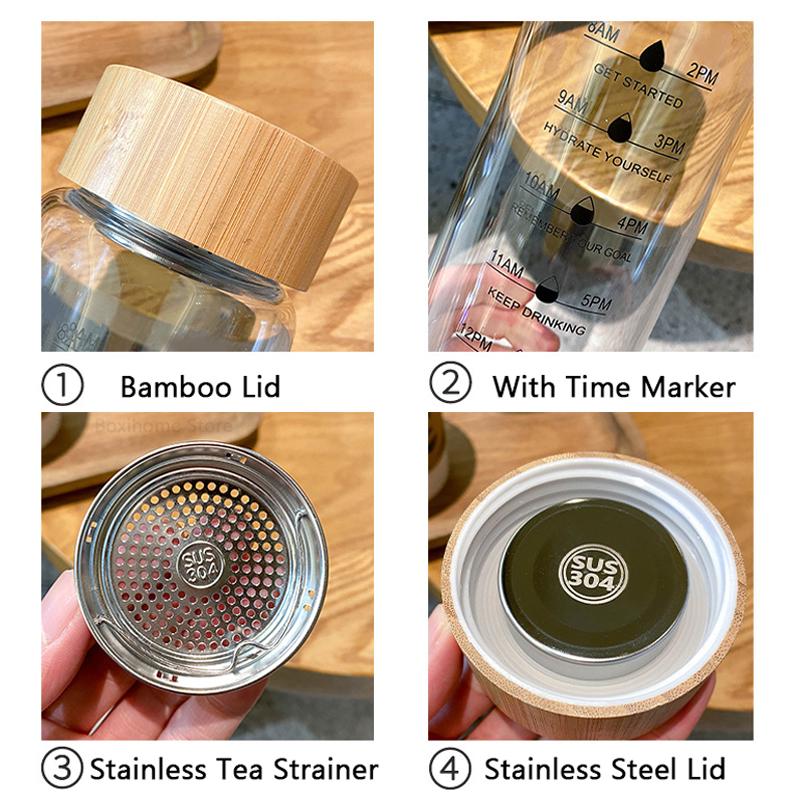 1000 ML śliczna szklana butelka na wodę ze znacznikiem czasu duża, przezroczysta szklana sitko do herbaty owocowej kubek na zewnątrz podróż szczelna bez BPA