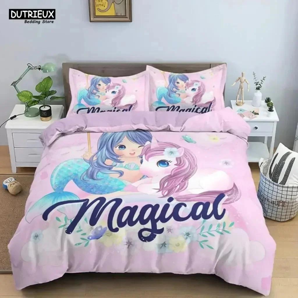 Luxury New 3D Print Cartoon Blue Mermaid Duvet Cover Beautiful Girl With Unicorn Bed Cover Single Double Queen King Bedding Set