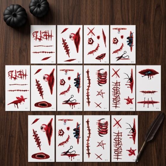 Disposable Horror Theme Props 30Pcs Halloween Scar Tattoo Stickers, Realistic Fake Wound Decals for Water Transfer Film Paper Face Body, Waterproof