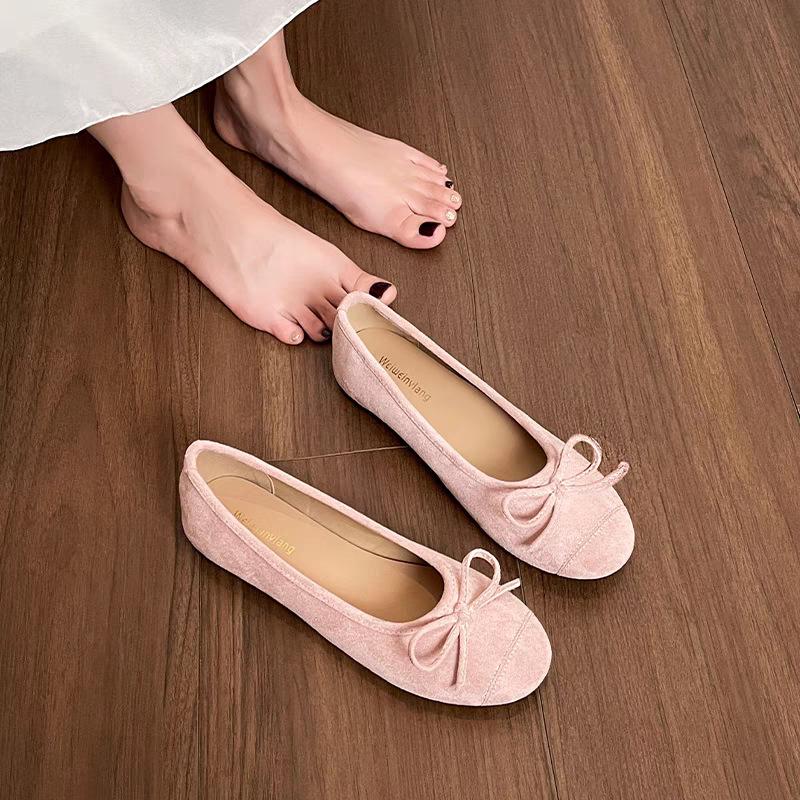 Source factory~ 2025 new spring and autumn French flat-soled single shoes women's bow suede one-pedal Doudou shoes