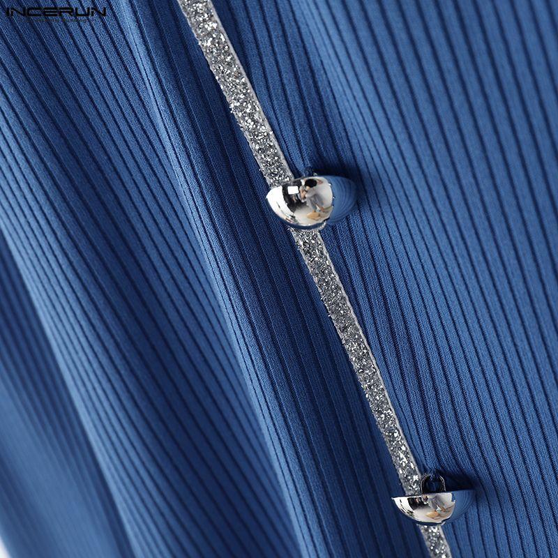 INCERUN Men's Square Collar Long Sleeve Patchwork Buttons Fitted Cropped T-shirts Tops