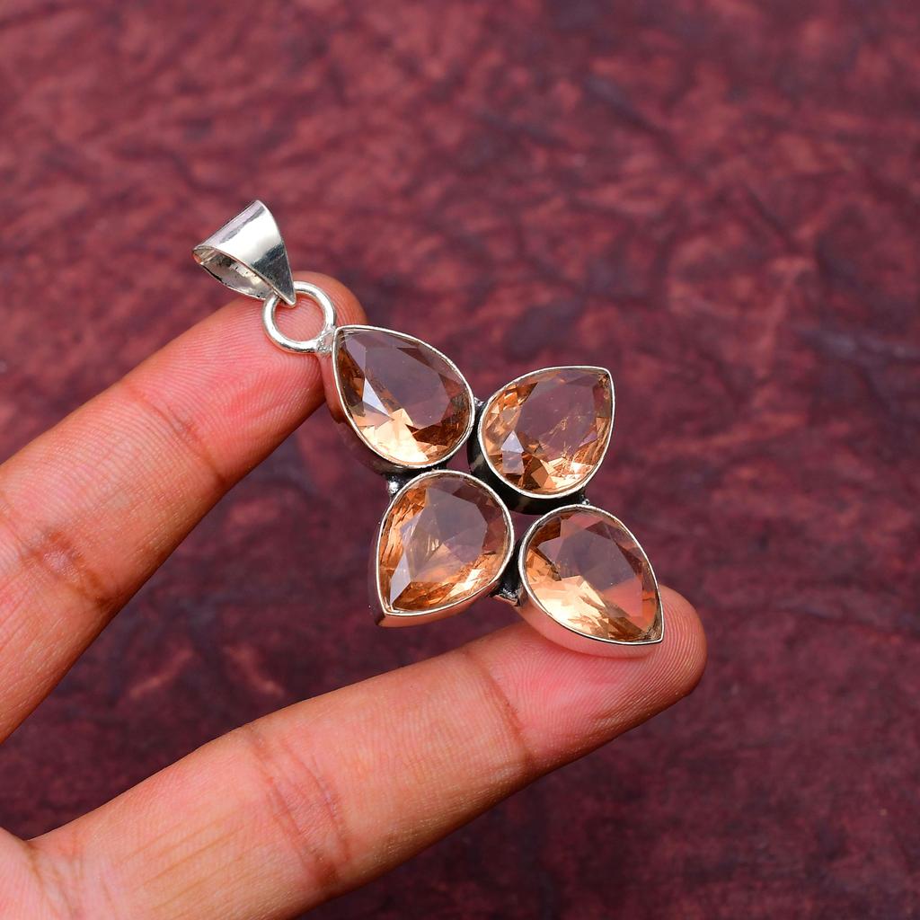 Morganite Gemstone Cross shape Pendant : 925 Sterling Silver Handmade Jewelry Pendant