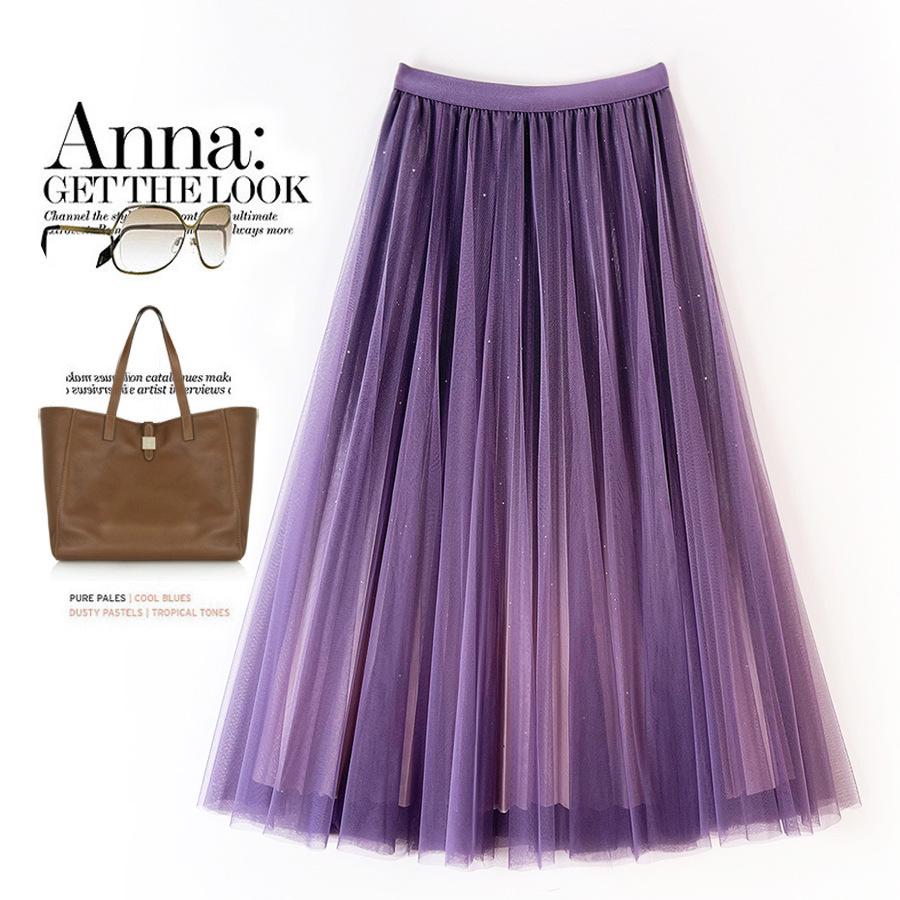 Women's Starry Sky Gradient Pleated Mesh Skirt 2026: Fashionable Slimming Long Skirt with Large Hem
