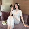New Ice Silk Pajamas Women's Summer Thin Lace Sexy Short-sleeved Trousers Printed Silk Loungewear Set
