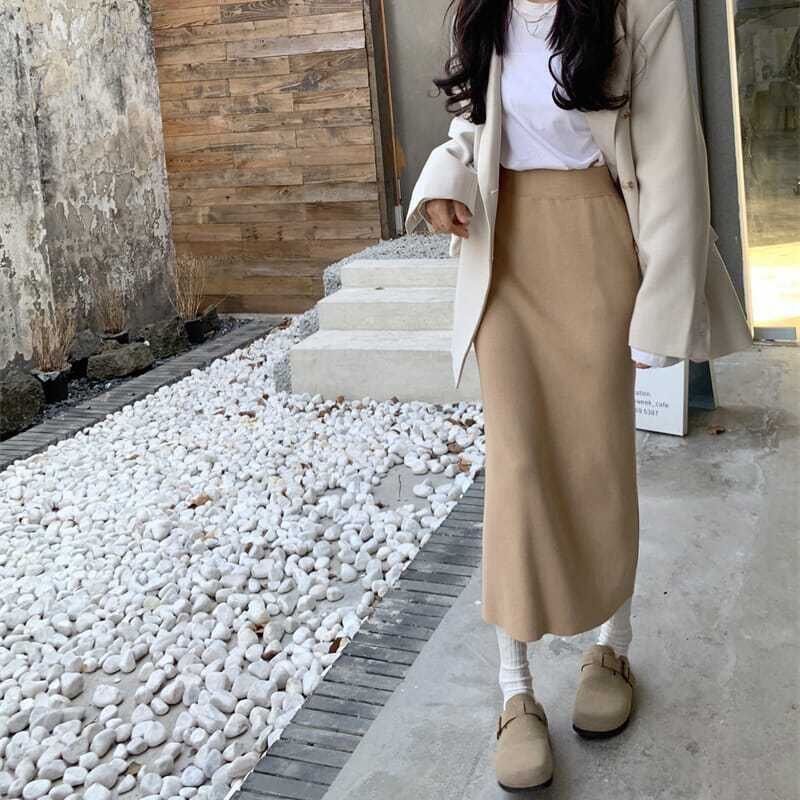 Bodycon A-Line Women's Black Knitted Maxi Skirt Autumn Winter High Waist Slim-Fitting Ankle-Length Straight Skirt