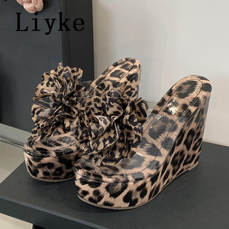 Fashion Liyke Sexy Leopard Print Platform High Heels Wedges Slippers For Woman Fashion Big Flowers Summer Transparent Sandal Female Shoe