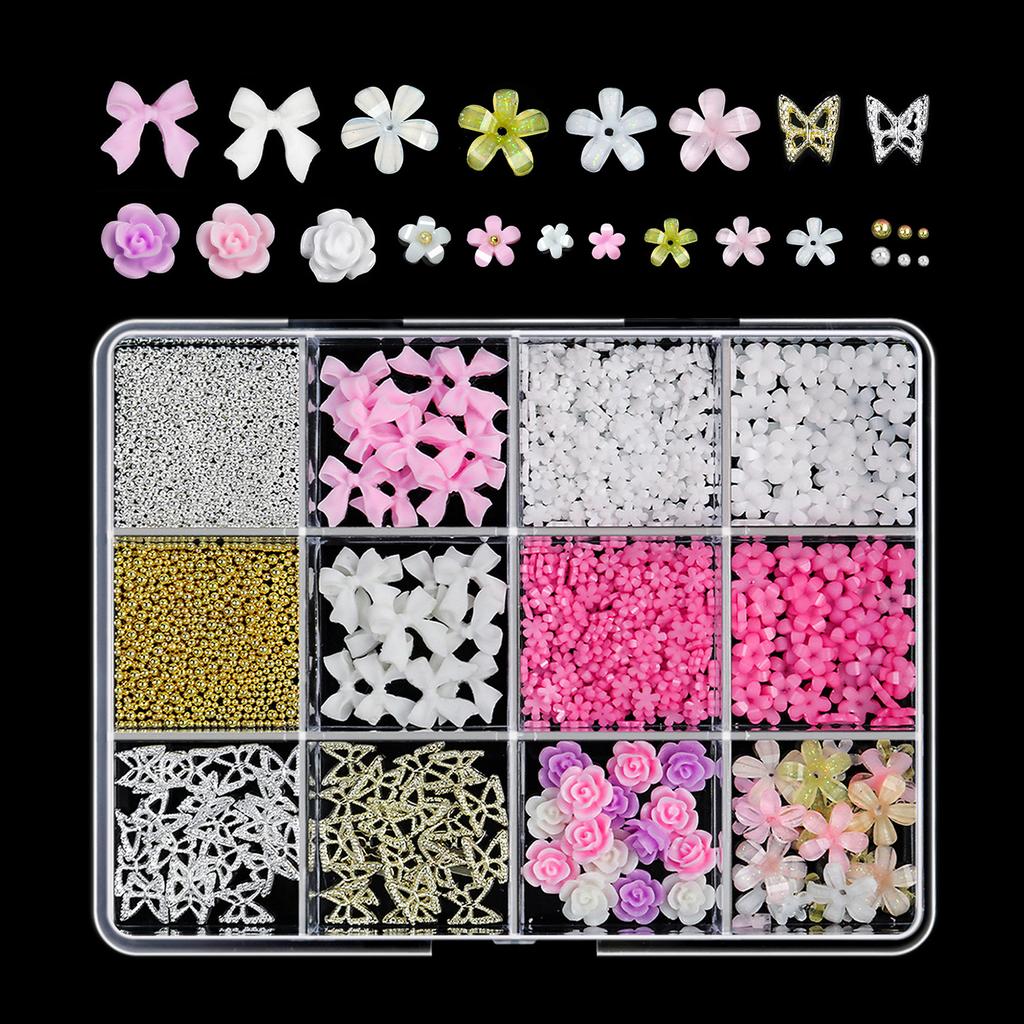 12/15 Grids/Box 3D Nail Art Decoration Kit With Resin Bowknot Pearls Heart & Assorted Shapes Kawaii Nail Charms Diy Manicure Art