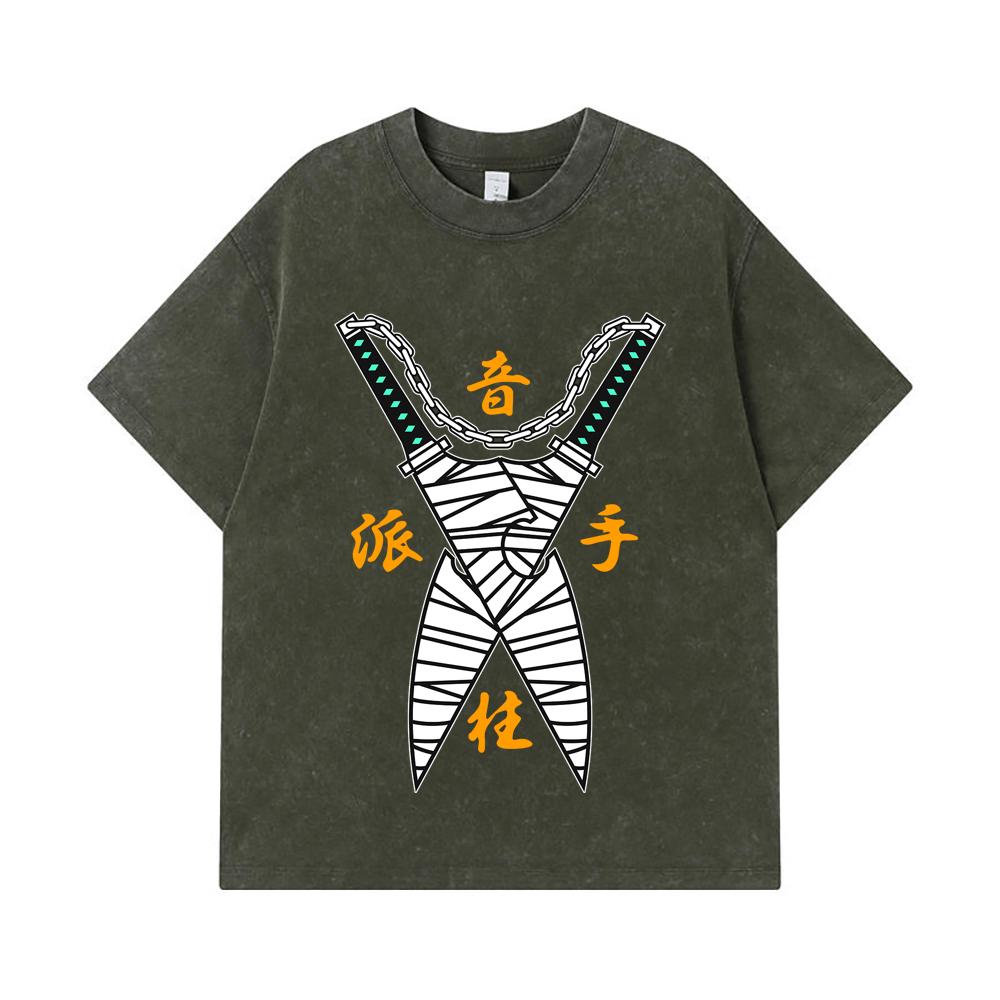 

275 GSM Washed T-shirts 100% Cotton Demon Slayer V65 Uzui Print Unisex Heavy Cotton T Shirt S армия зеленый