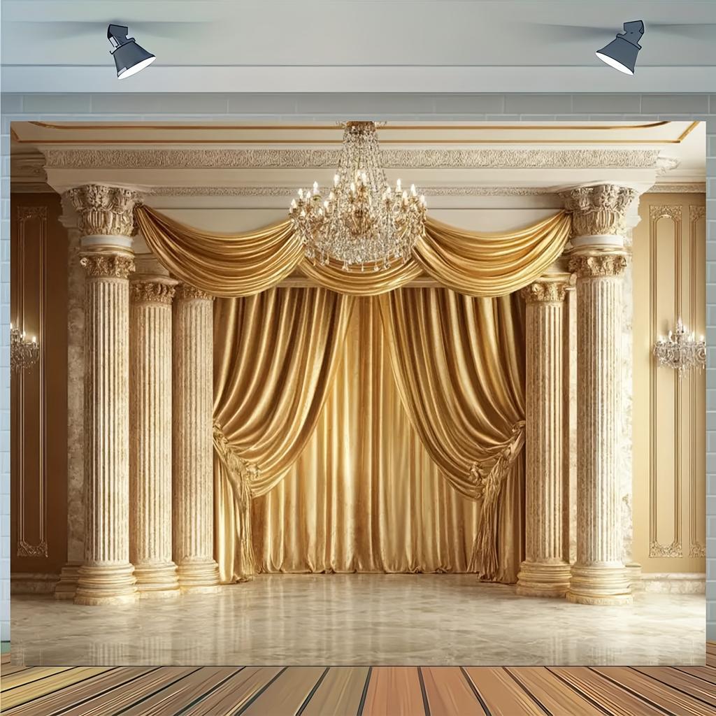 A Luxurious Gold and White Polyester Background Fabric with Grand Arches Chandeliers and Curtain Designs