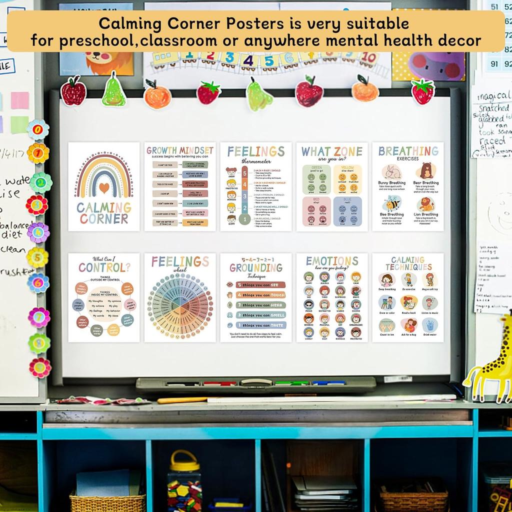 10 Calming Corner Posters for Classroom Decorations, Boho Feeling Charts Poster, Calm Down Corner Mental Health Poster for Toddlers, Kids Educational