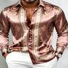 Men Silky Satin Button‑Down Shirt Vintage Silver Baroque Medallion Pattern Long Sleeve Turn‑Down Collar Male Banquet Party Casua