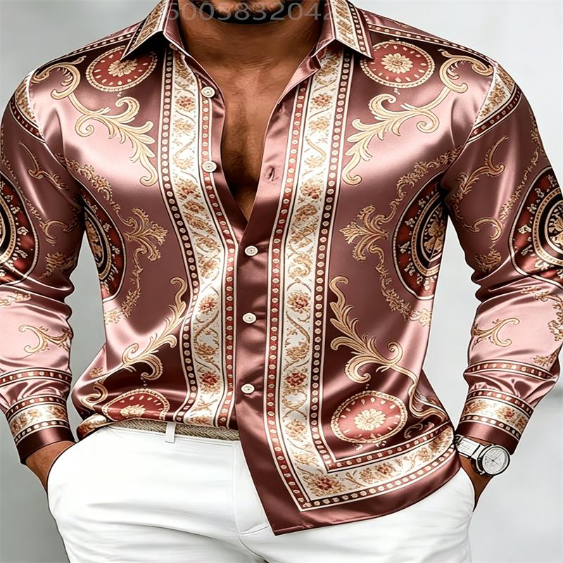 Men Silky Satin Button‑Down Shirt Vintage Silver Baroque Medallion Pattern Long Sleeve Turn‑Down Collar Male Banquet Party Casua
