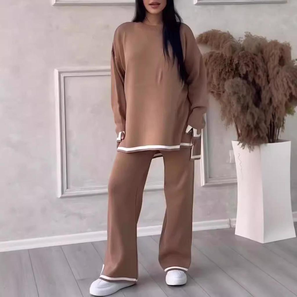 2025 Autumn/Winter Color Block Knit Sweater and Pants Set for Women