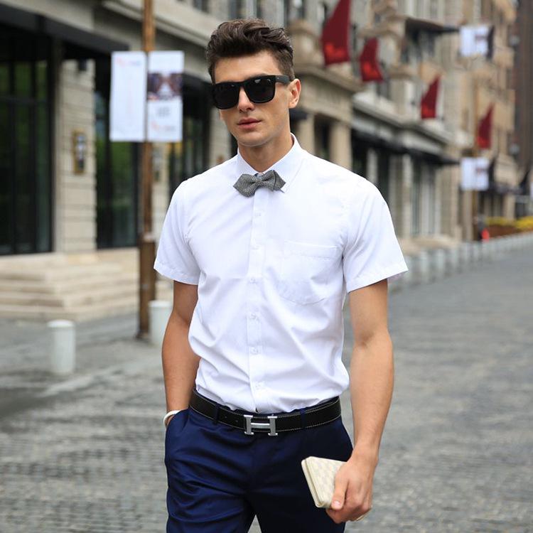 Men's Summer Slim Fit Korean Style Short-Sleeve Formal White Cotton Shirt
