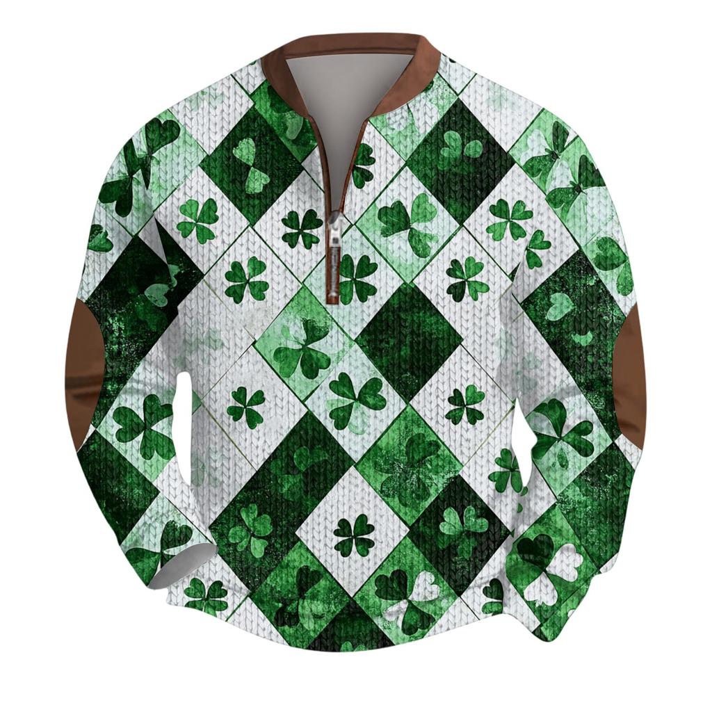 Mens Christmas Sweater Zip Up Sweatshirts Vintage Knit Graphic Sweatshirt St. Patrick's Day Stand Collar Pullover